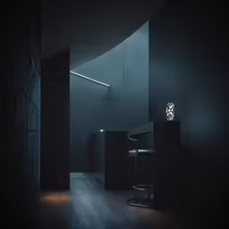 there is a very dimly lit room with a table and stool