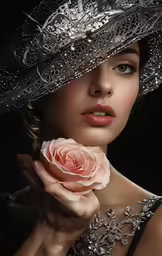 the girl in a hat is holding a rose
