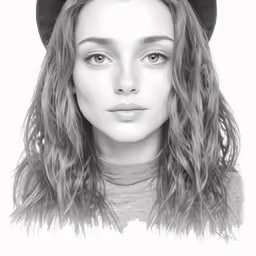 black and white photograph of a woman with long hair wearing a hat