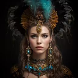 a woman wearing blue feathers in front of a black background