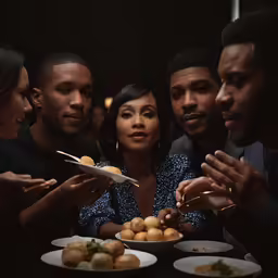 group of men and woman looking at food at a dinner table