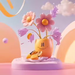 flower in a small vase that looks like a smiley face