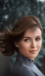 a beautiful woman wearing a high low bun with hair in the air