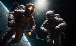 two astronauts in space suits walk through the sky