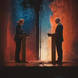 a woman standing behind two podiums in front of fire