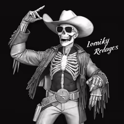 a skeleton is dressed in cowboy hats and holding guns