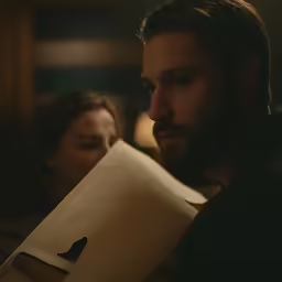 a man standing next to a woman while holding a sheet of paper