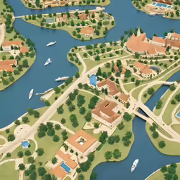 an aerial view of a large building and waterway