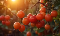 small red berries grow in the sun on a tree branch
