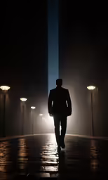 a man walking down a street at night