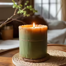 a candle on top of a table with a pen on top of it