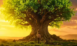 a tree is shown in a green field with the sun going down,a man standing beneath a tree on top of a hill
