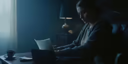 the woman sits in front of a laptop while holding something