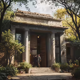 two people entering an older home through a doorway