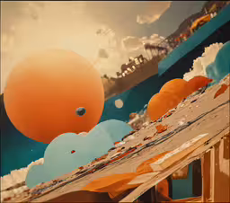 a group of orange, blue and yellow balloons are sitting on a table,an artistic scene of balloons and some sand