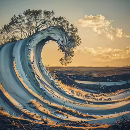 a road with trees on it and a large wave coming towards the viewer