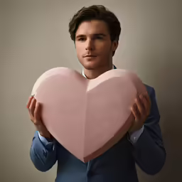 the man is holding up a paper heart