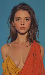 a model with red lipstick wearing an orange and yellow dress