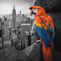 a parrot sitting on the rocks next to a city
