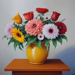 a painting of an arrangement of flowers in a vase on top of a wooden table