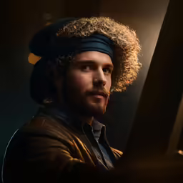 a man wearing a hat standing in a darkened area