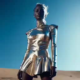 a woman in shiny gold clothes poses for a photo