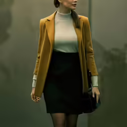 a woman in a yellow jacket walks on the sidewalk