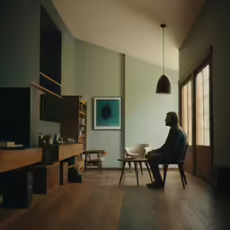 a man is sitting at his coffee table and looking out the window