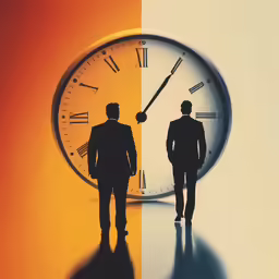 two silhouettes are shown in front of a clock