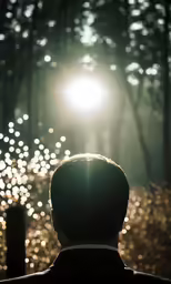 a person in front of the sunlight and some trees
