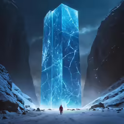 a man walks through the snow in front of an illuminated structure