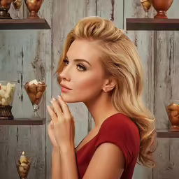 a woman sitting in front of a shelf filled with chocolates