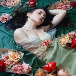 woman laying on the floor with flowers around her