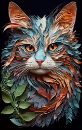 a cat with leaves in the mouth