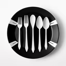 black and white plate with four forks, spoons and knife