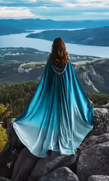 a woman wearing a flowing turquoise dress is sitting on a rock overlooking the mountain