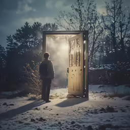 a man standing outside a door to the wintery forest