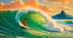 a painting depicting a surfer riding a wave,a man standing on a surfboard as a wave rolls in