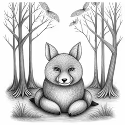 a drawing of a fox and a bird by a tree
