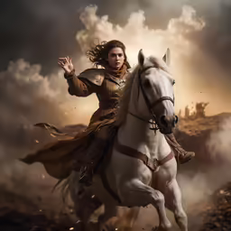 a female knight riding on top of a white horse