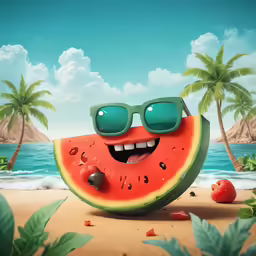 the watermelon with sunglasses has a smile on its face