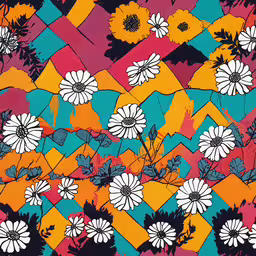 the painting is colorful and has different colors,a painting of white flowers on red, orange and blue