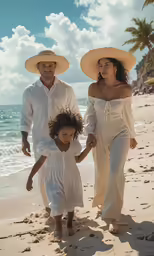 the young family is walking along the beach holding hands