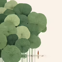 a woman standing next to several giant leaf shaped sculptures