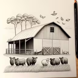 a drawing of a barn and some animals on the farm