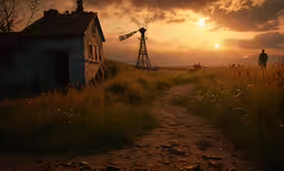 the sun rises as a man stands next to an old windmill,a person walking down a dirt path into a farm