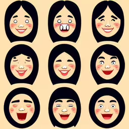 cartoon female faces with different expression and hair,a group of different faces with many different features