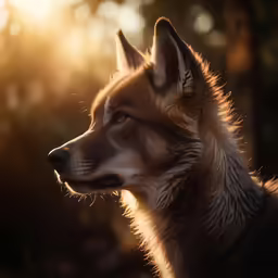 the head of an adult red wolf with a bright sun shining