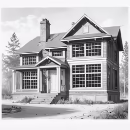 this is an old photo of a house with windows and a porch