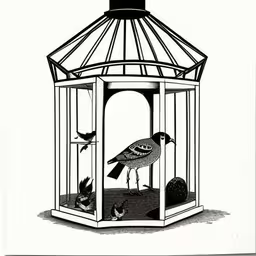 a bird in a birdcage is depicted on the front page of this card,an ink drawing of a bird in a cage,a bird in a cage that has its feet on another bird,a bird sits in a cage with some birds inside,a bird inside of a cage with rocks on the ground